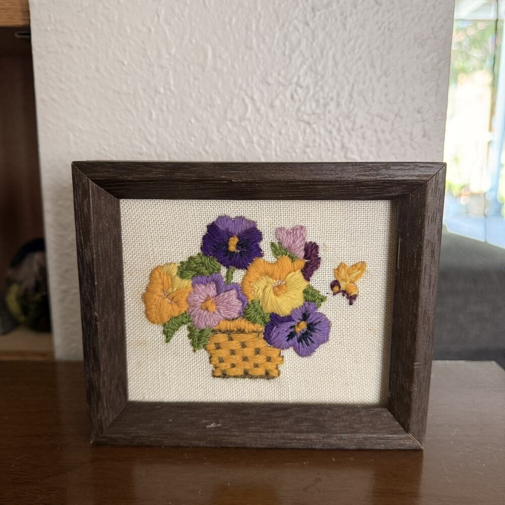 Jiffy Stitchery "PANSY BASKET" Kit Sunset Designs by C Garrish framed 6x5